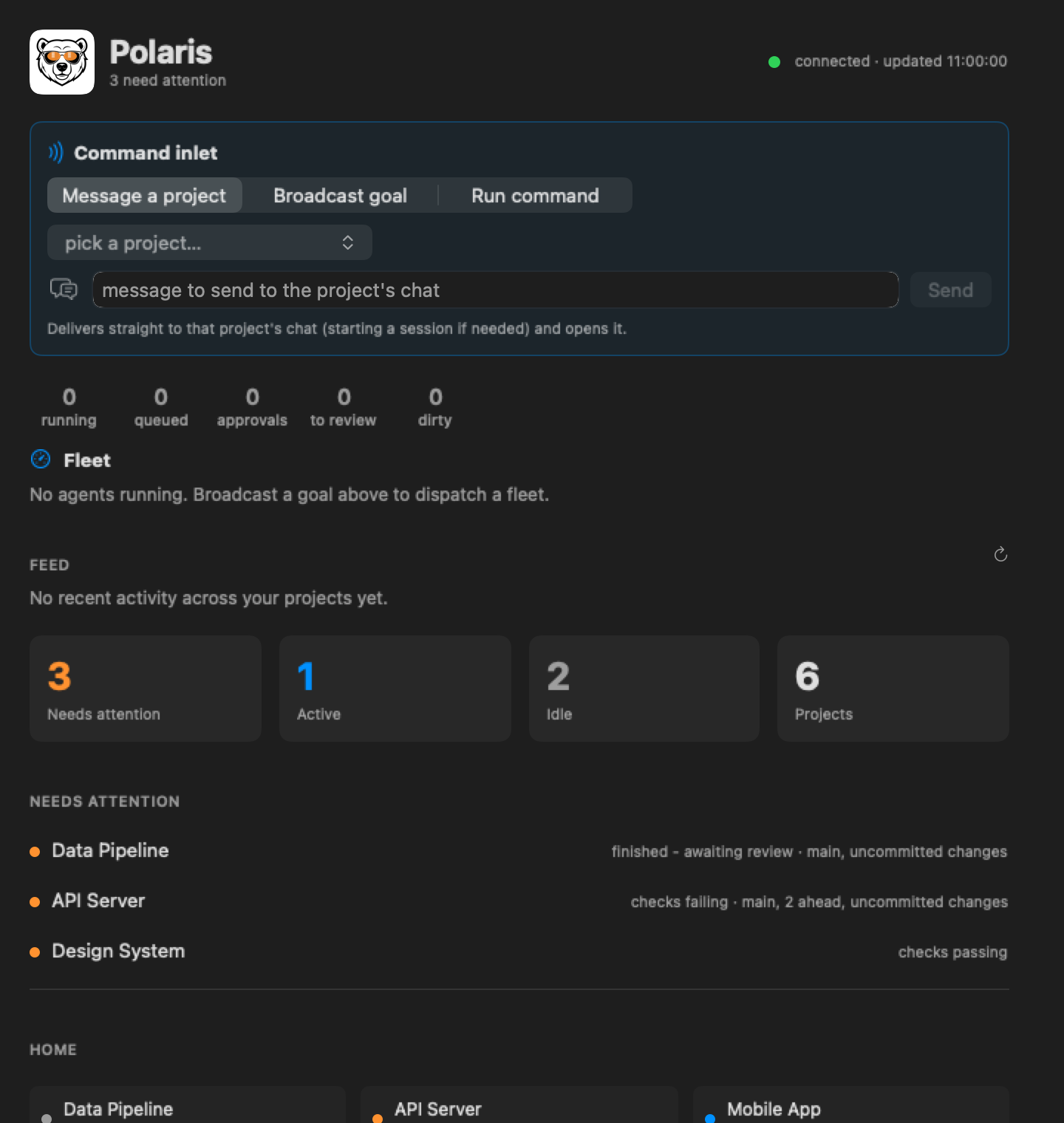 The Polaris command center: a command inlet to message a project or broadcast a goal, live fleet status, and a cross-project attention list showing which repos need review or have failing checks.