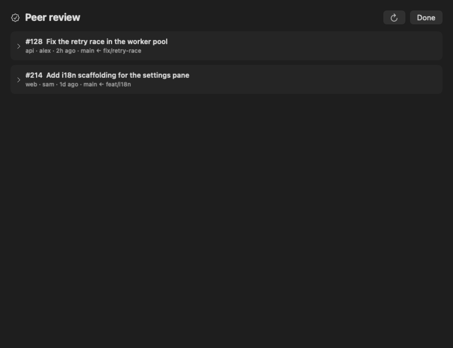 A peer-review inbox listing pull requests from multiple projects with author, age, and branch, ready to open and review.