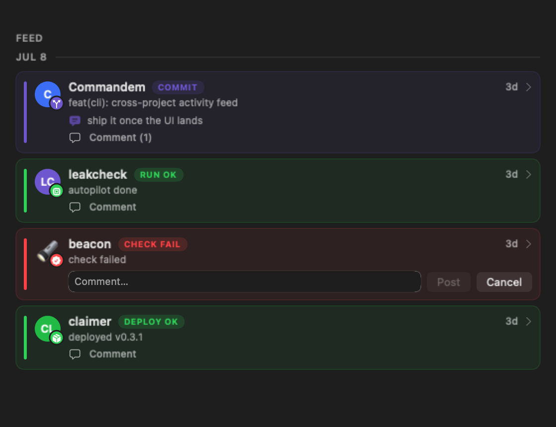 A cross-project activity feed grouped by day: a commit with a comment, a finished autopilot run, a failed check, and a deploy &mdash; each row badged with its project's avatar and event kind.